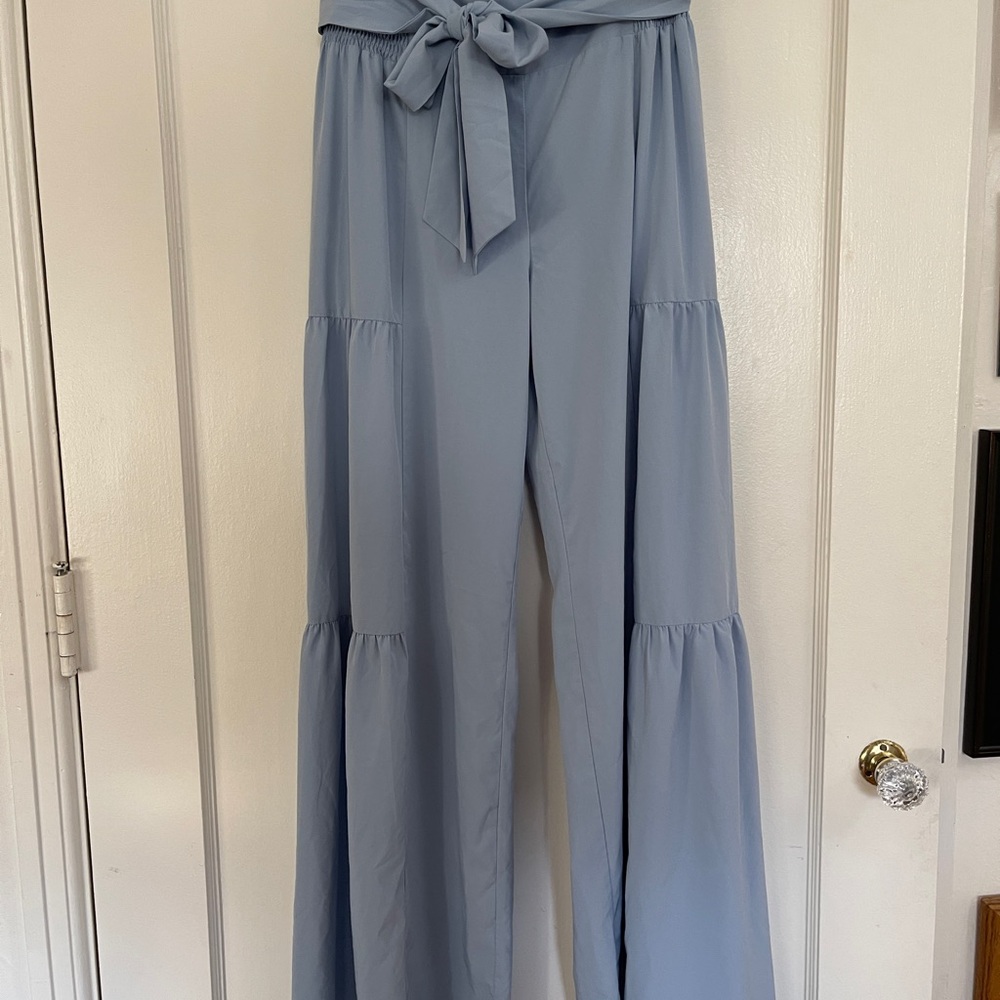 Only Light Blue High-Waist Wide-Leg Tiered Pants with Self-Tie
